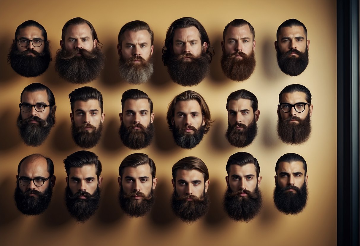 A variety of beard styles displayed on a wall, with a mirror below for reflection