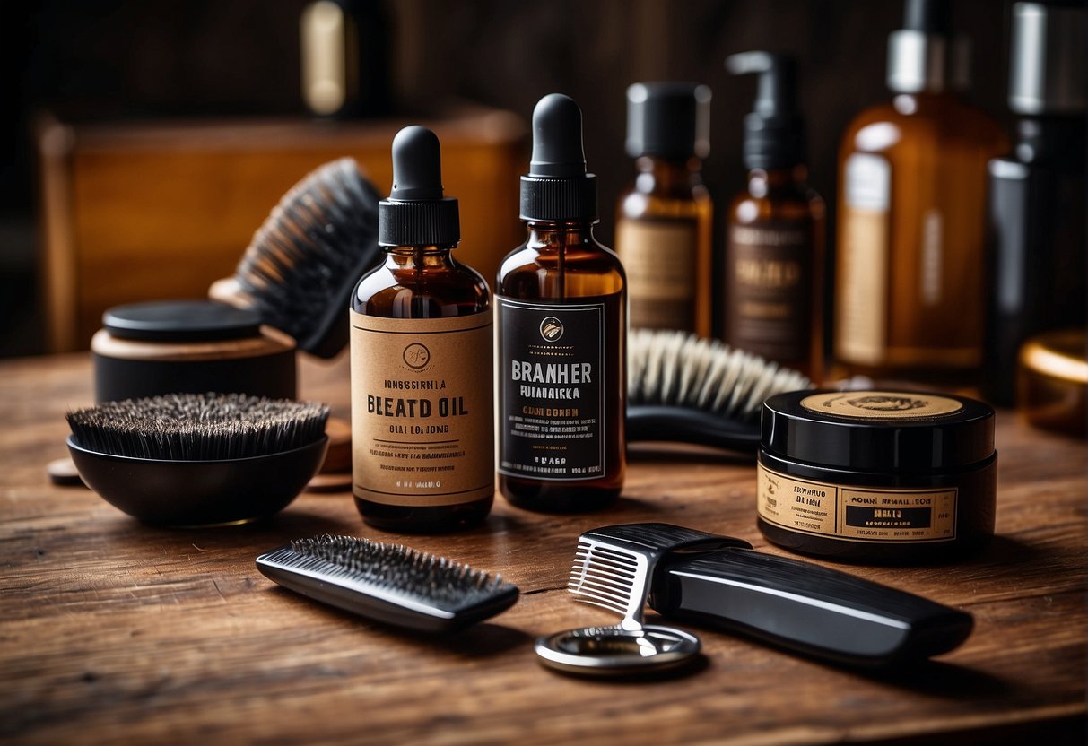 A man's grooming products laid out on a wooden table, including a comb, beard oil, and trimmer. A mirror reflects the products, with a poster in the background showing different beard styles