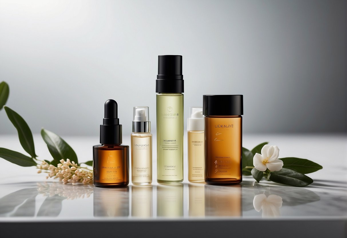 A skincare set arranged on a clean, white surface with soft, natural lighting. Products include bottles, jars, and tubes with minimalist, elegant packaging