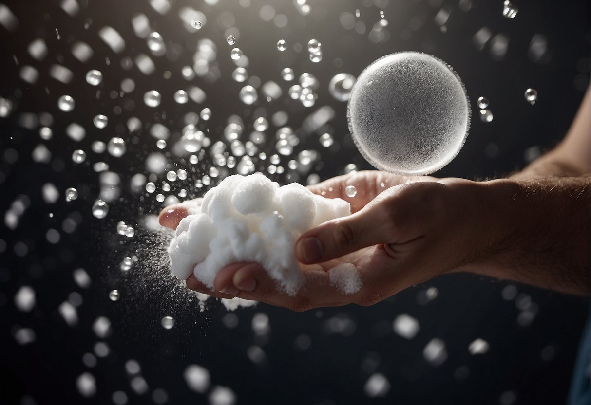 A hand presses down on a bottle of shower foam, releasing a cloud of fragrant bubbles into the air