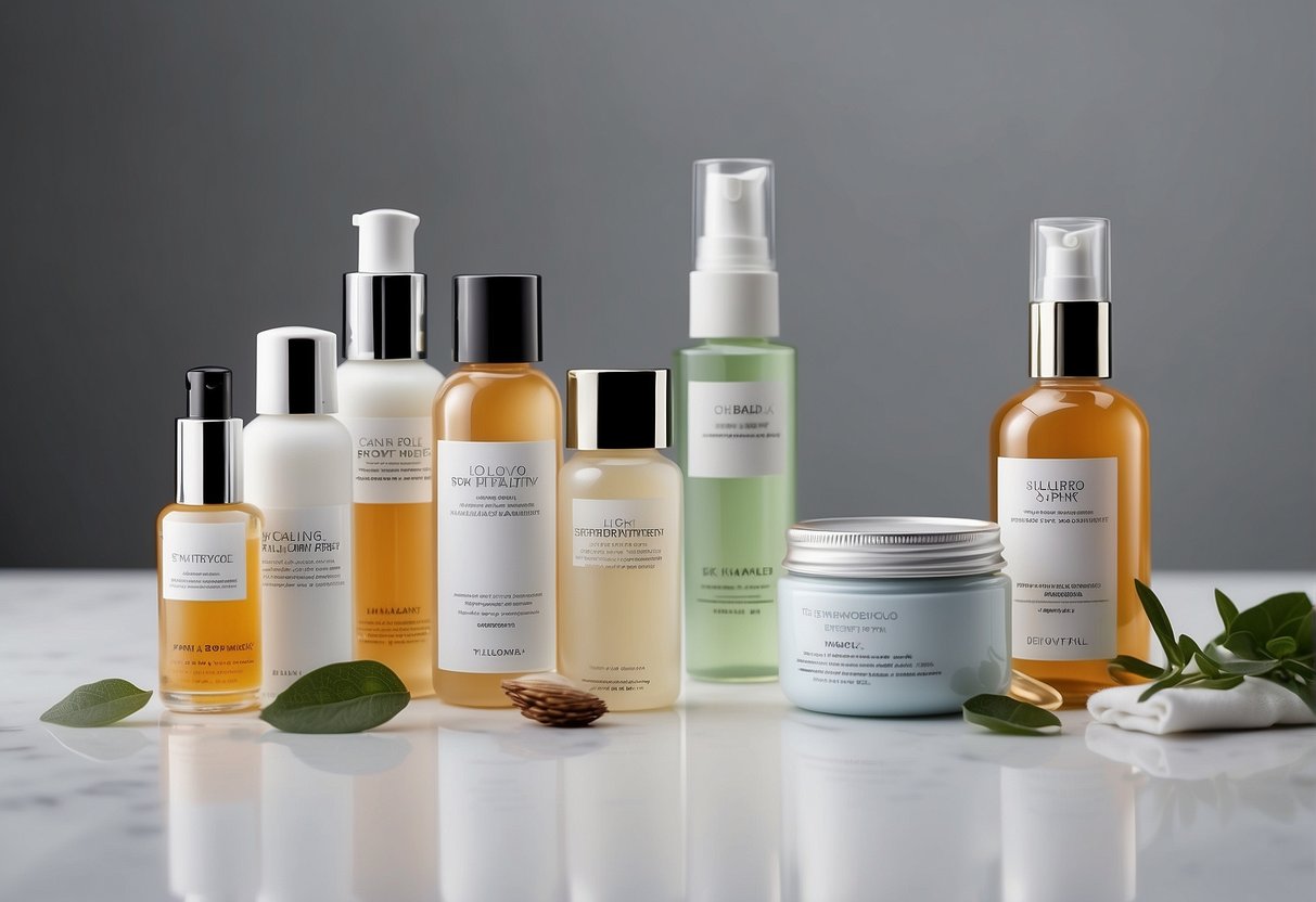 A skincare set laid out on a clean, white surface. Bottles, jars, and tubes of various sizes and shapes, with labels indicating different skincare products. A soft, natural light illuminates the scene