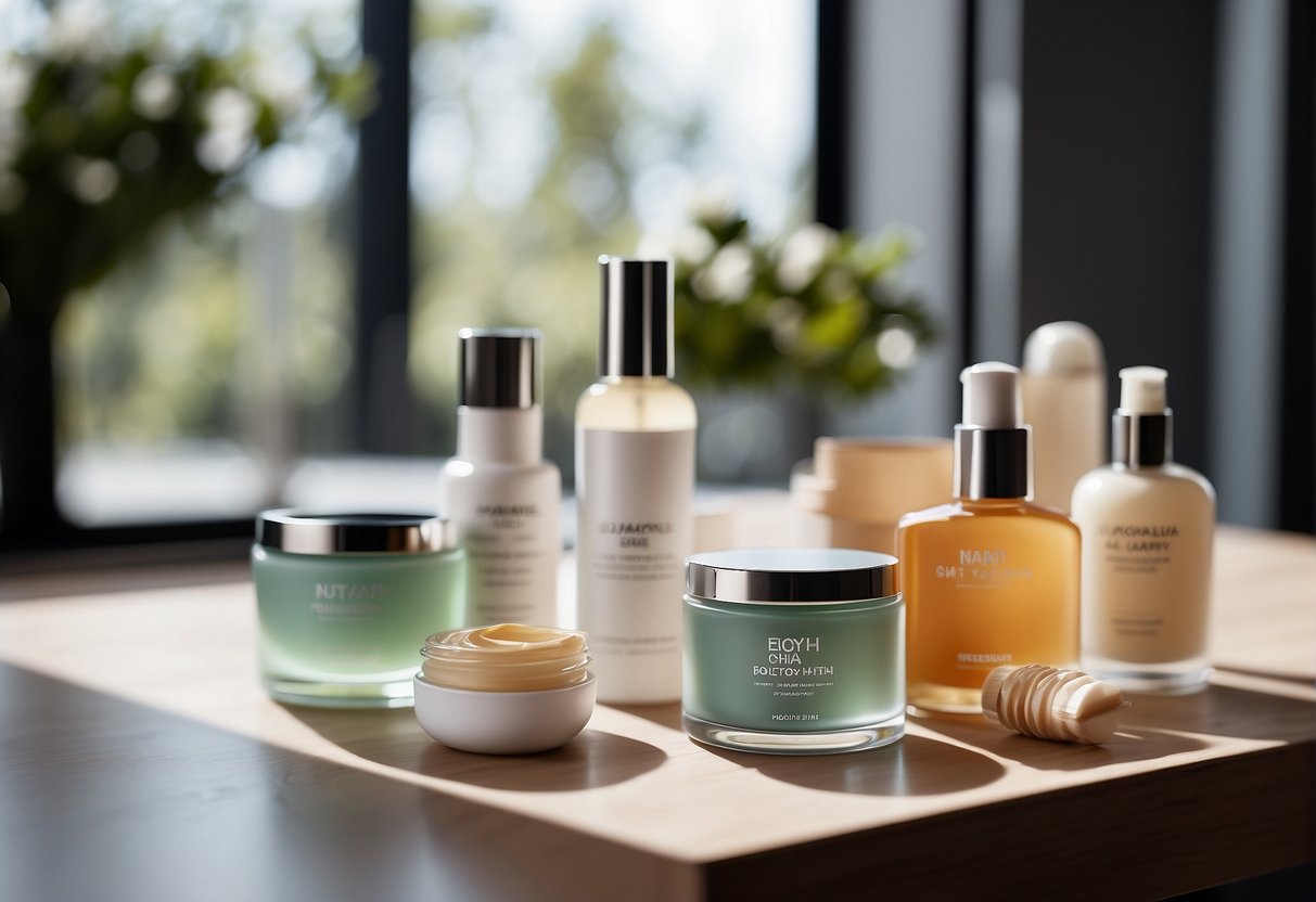 A table with various skincare products arranged neatly. Bright lighting highlights the packaging, creating a clean and inviting display