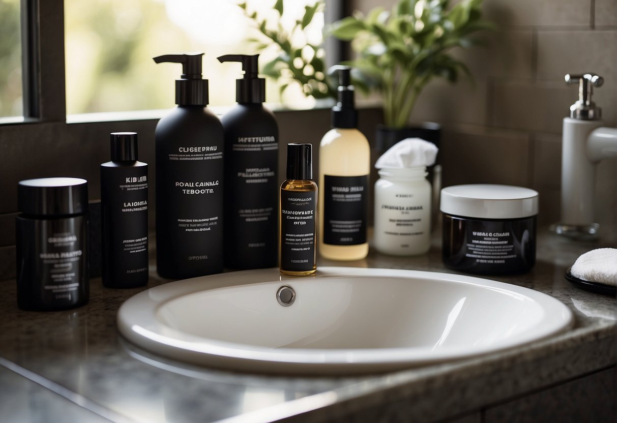 A man's skincare routine: a bathroom counter with grooming products, including cleanser, moisturizer, and shaving supplies