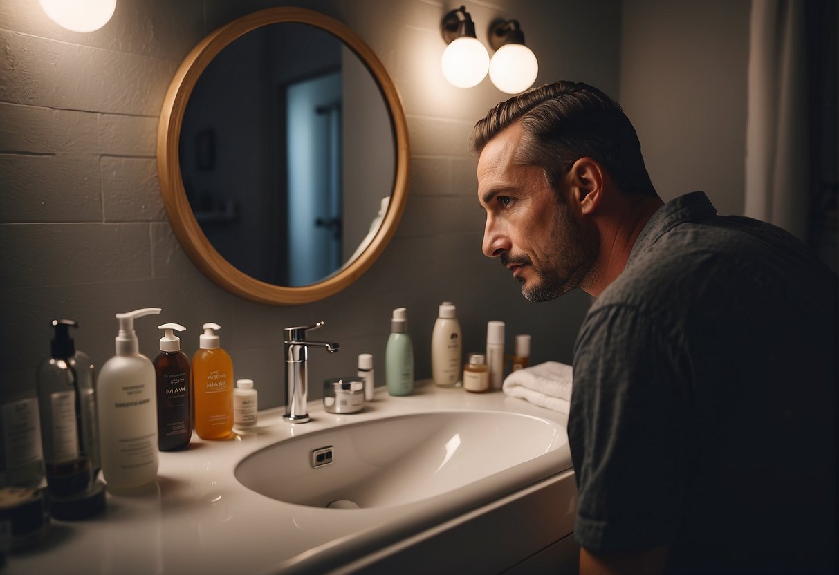 A man's skin with visible problems and various skincare products for treatment