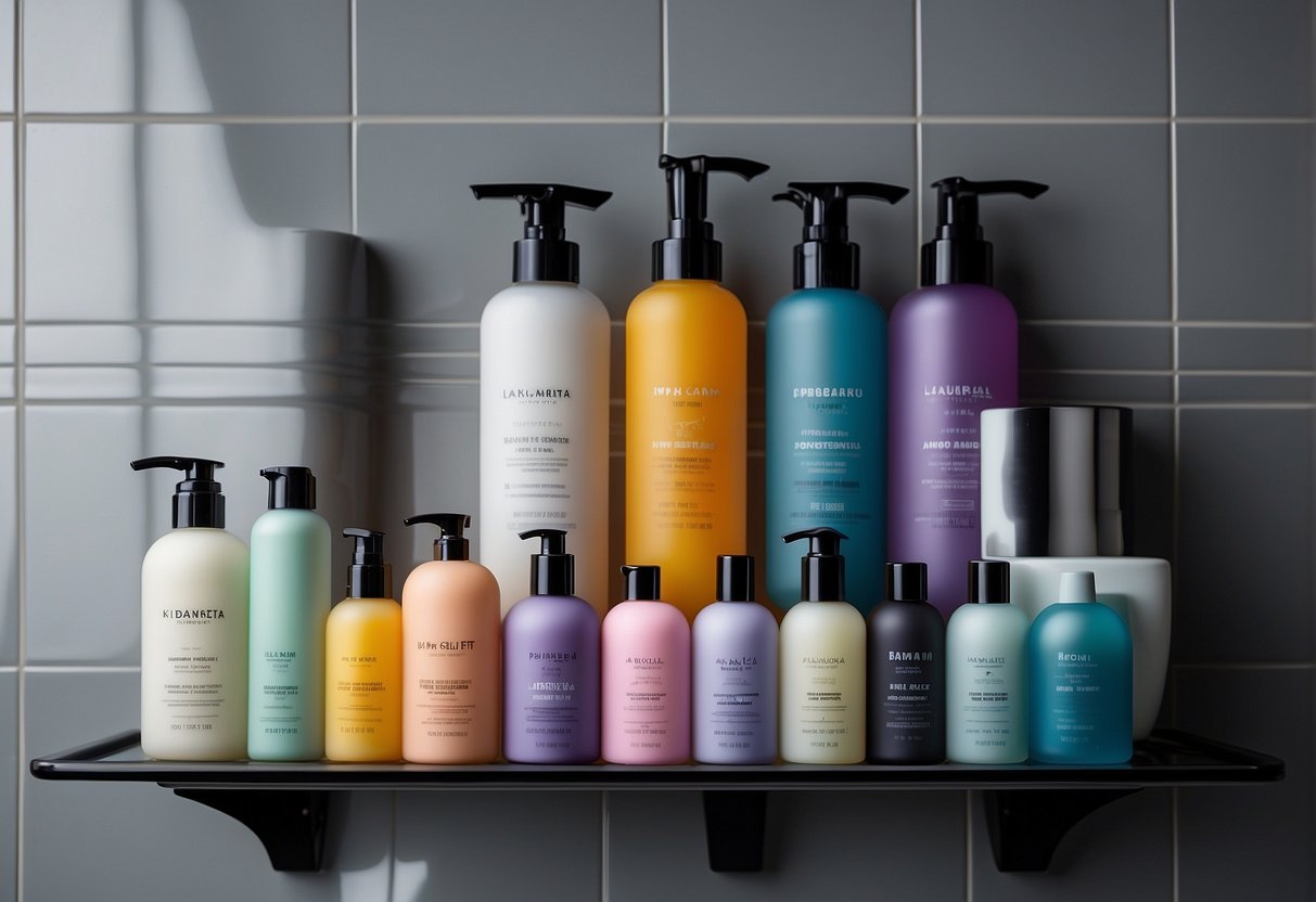 A variety of colorful and luxurious shower foam products displayed on a shelf in a modern bathroom setting