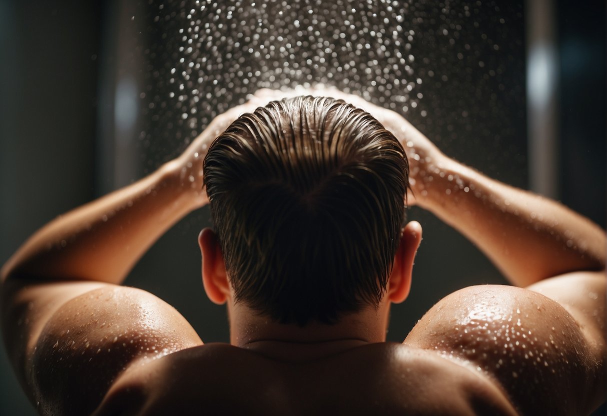 A man is washing his hair in the shower, using a specialized shampoo and conditioner for men. The water is running, and he is massaging the products into his hair