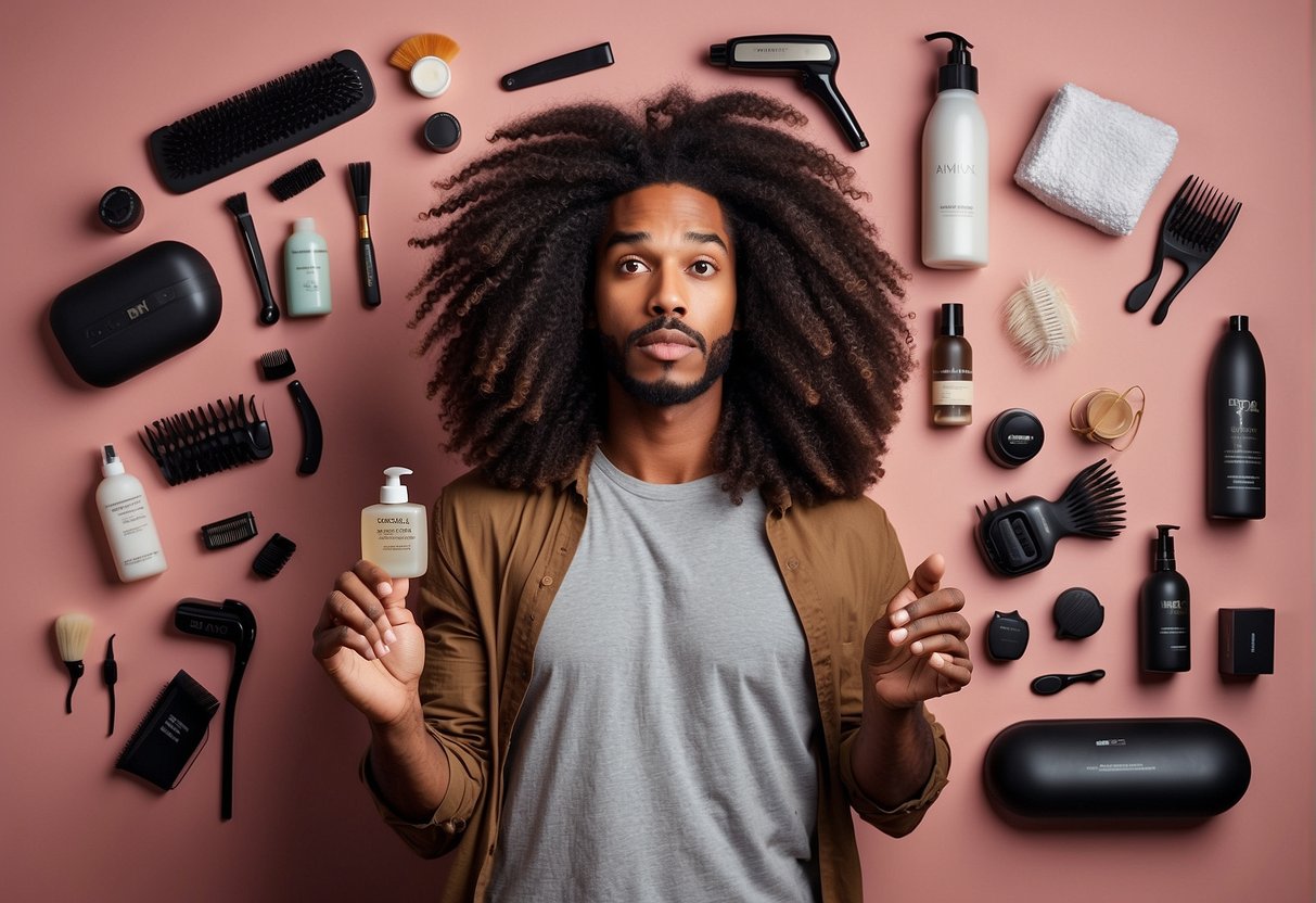 A man's hand holding a bottle of hair care product, surrounded by various hair care tools and products, with a thought bubble showing a question mark and an exclamation mark, representing the problems and solutions in men's hair care