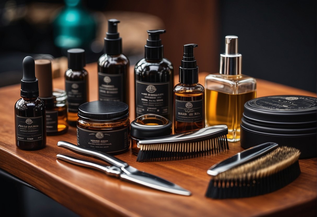 A table with various beard grooming products arranged neatly, including combs, oils, and scissors. A mirror reflects the products, adding depth to the scene