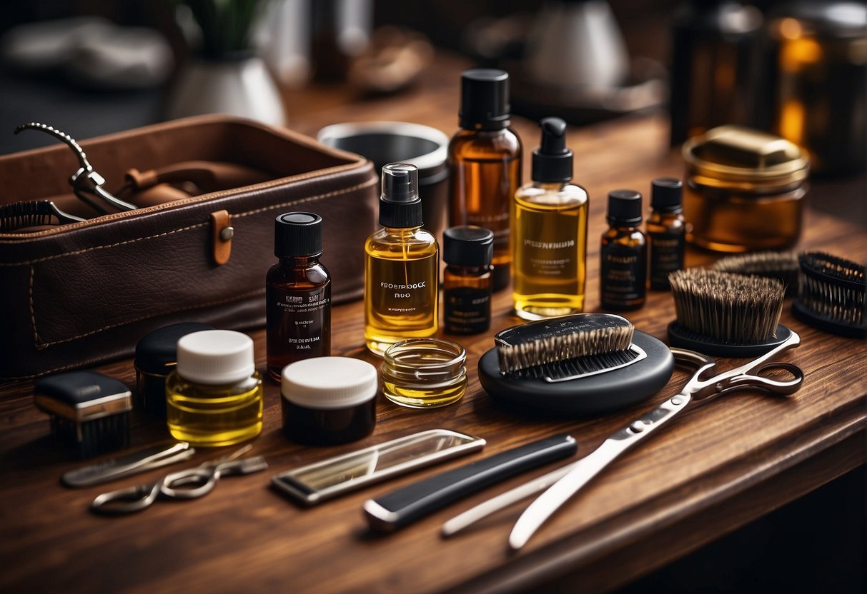 A table with various beard grooming tools and products neatly arranged. A mirror reflects the items, creating a sense of organization and preparation for a grooming routine