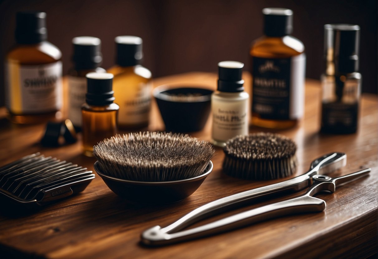 A table with various beard grooming products neatly arranged, including oils, combs, and scissors. A step-by-step guidebook titled "Ultimate Beard Care Guide" is open next to the products