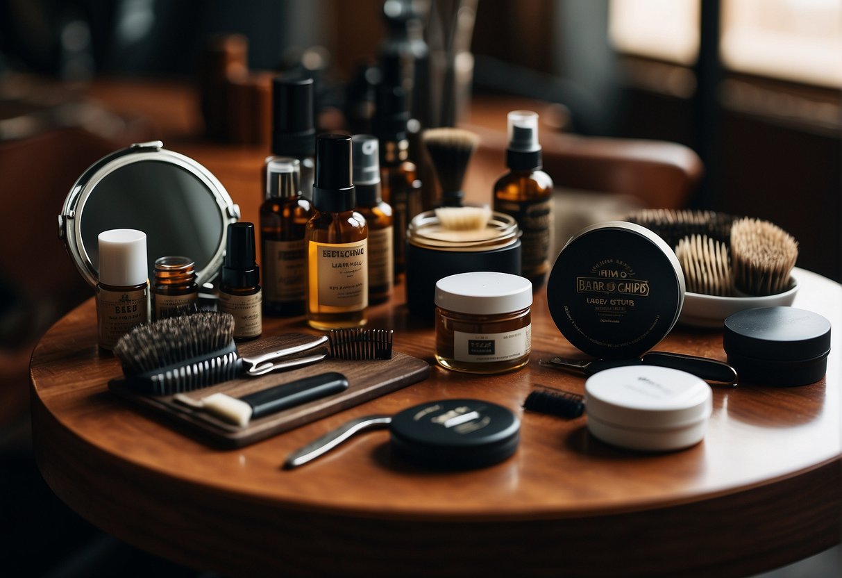 A table with various beard grooming products neatly arranged, surrounded by a mirror, comb, and scissors. A step-by-step guidebook titled "Ultimate Beard Care Guide" lies open on the table