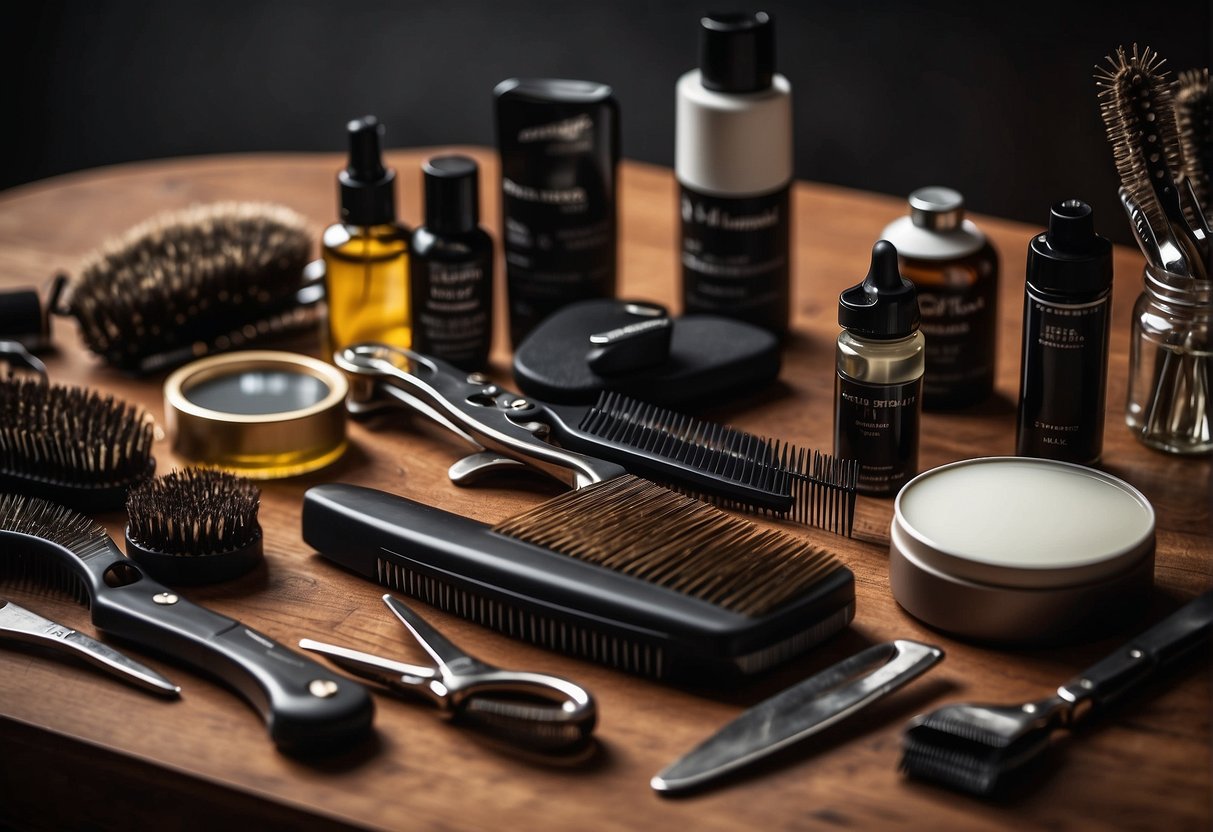 A table with various beard grooming products and tools neatly arranged, including combs, oils, scissors, and a mirror