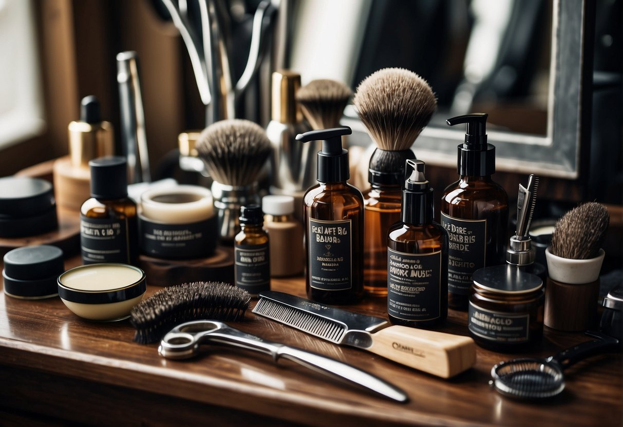 A man's grooming table with various beard care products and tools arranged neatly, including combs, oils, scissors, and a mirror for the ultimate beard care routine