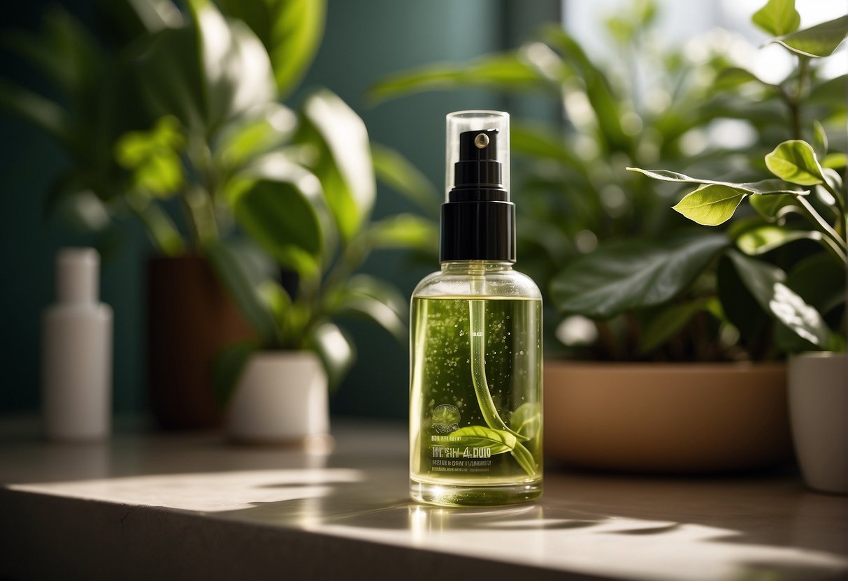 A bottle of hair growth serum sits on a bathroom counter, surrounded by lush green plants and a warm, inviting light