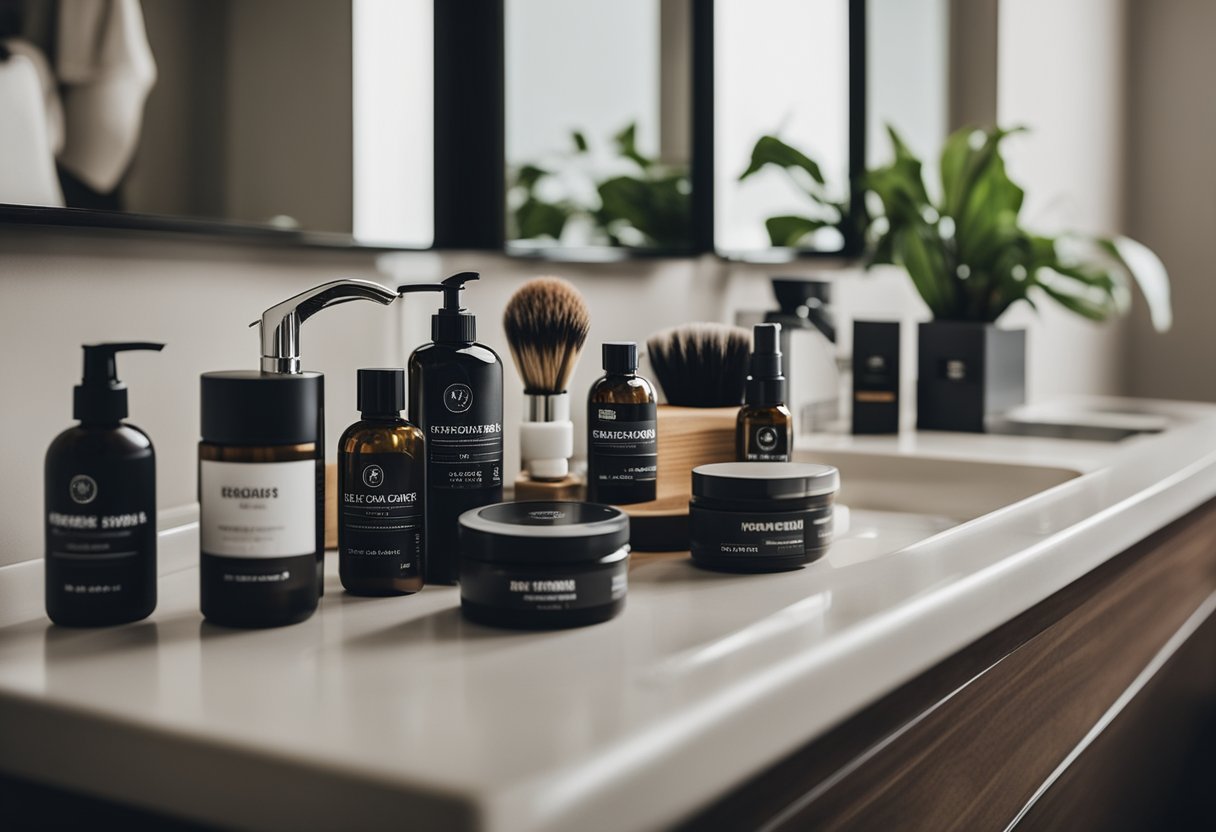 A man's grooming kit on a clean bathroom counter, with a variety of beard care products neatly arranged and a mirror in the background