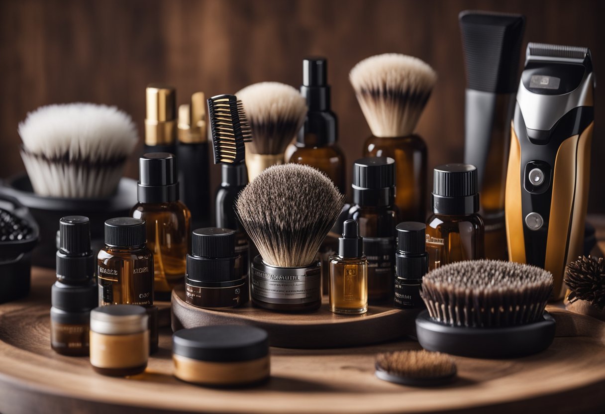 A clean, well-groomed beard on a stand with various grooming products and tools neatly arranged around it. A calendar with regular grooming dates highlighted