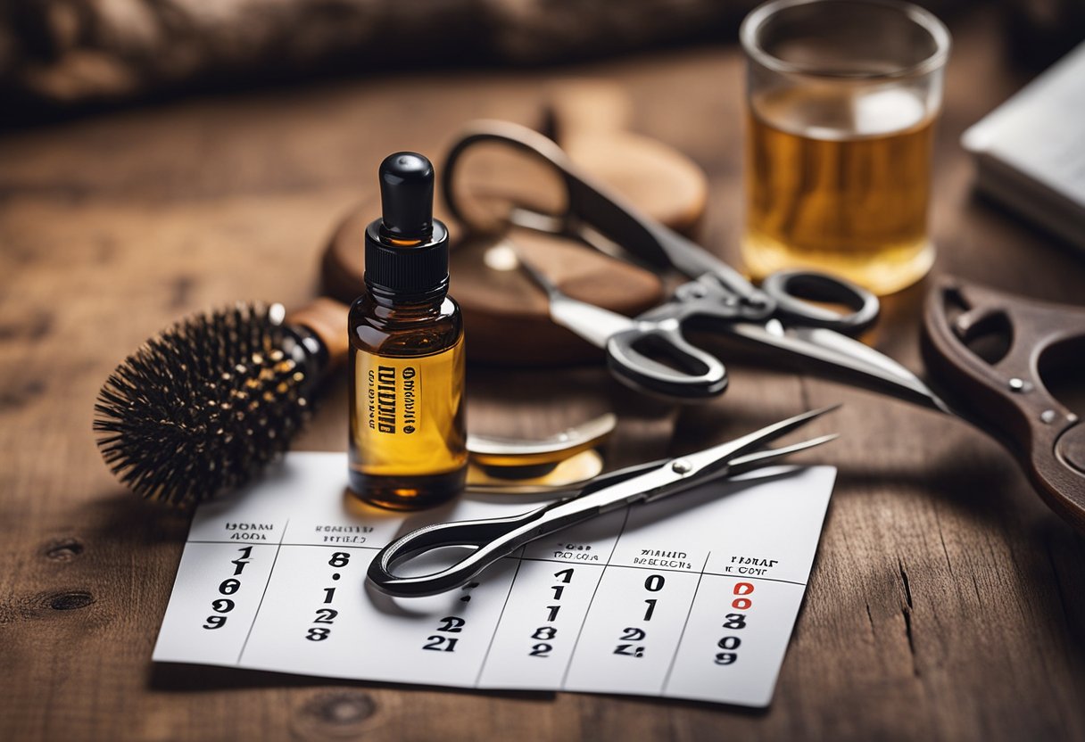 A man's hand holding a bottle of beard oil, a comb, and a pair of scissors on a wooden table. A calendar with marked dates indicating regular beard grooming