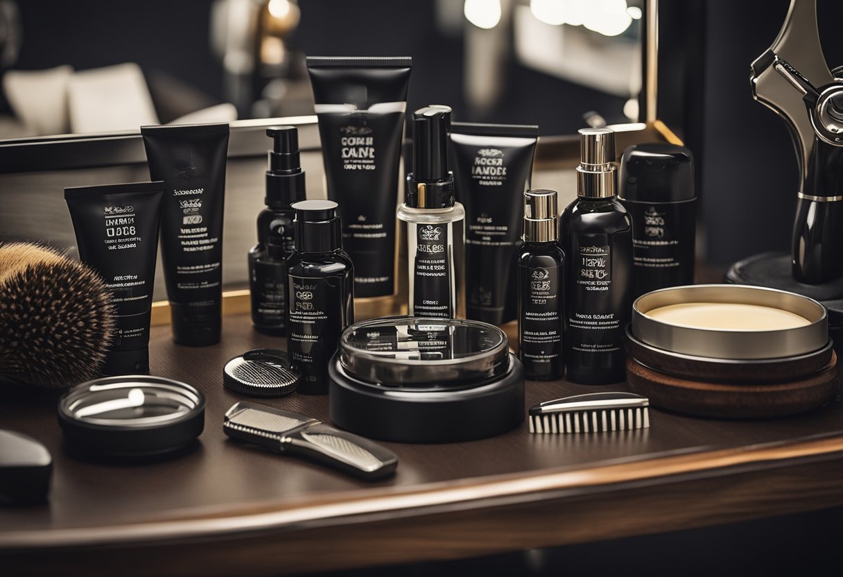 A table with various beard grooming tools and products displayed neatly. Mirror reflects the organized setup