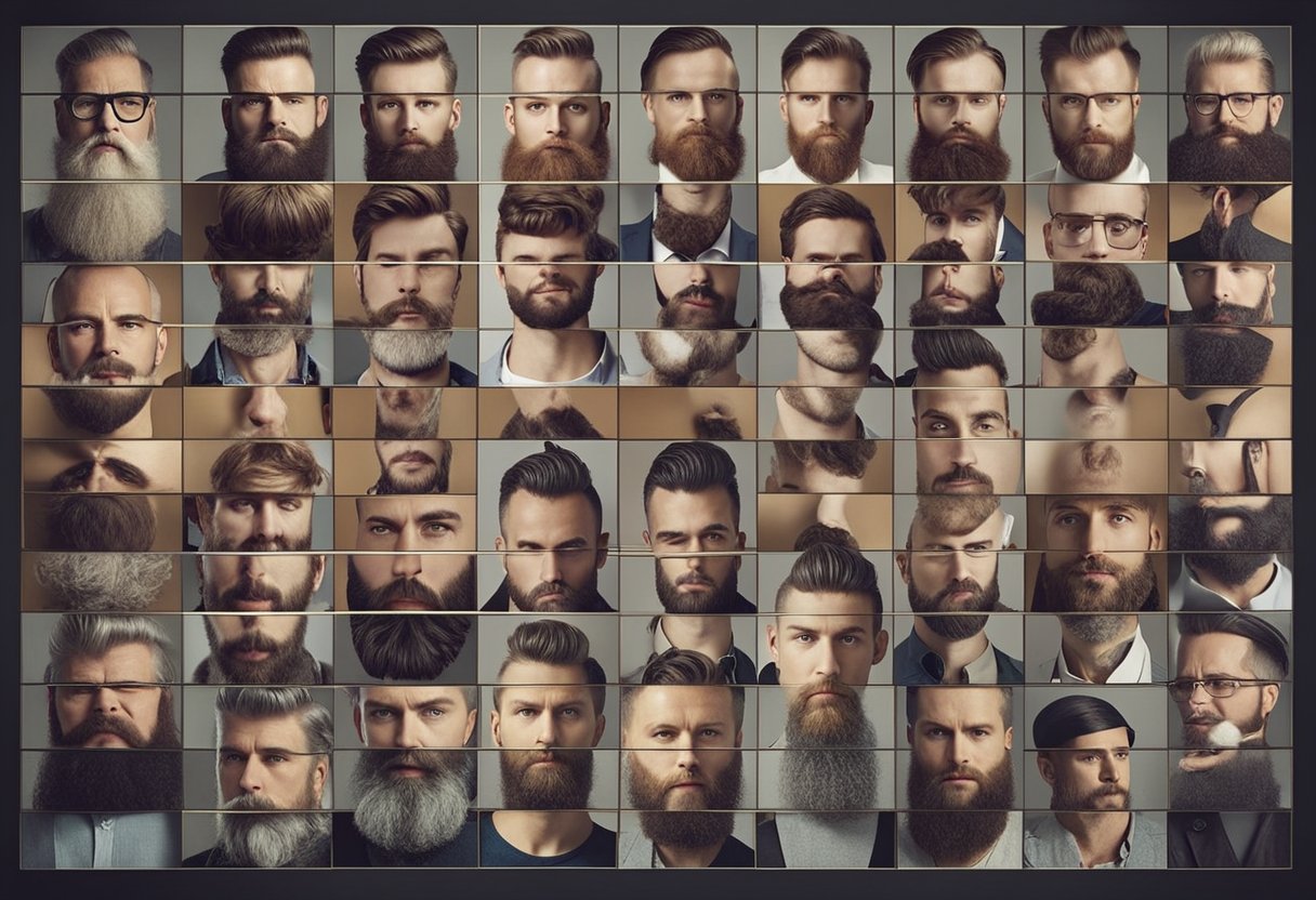 A variety of different types of beards, from stubble to full, are being groomed and maintained at different frequencies, showcasing the importance of tailoring beard care to individual beard types