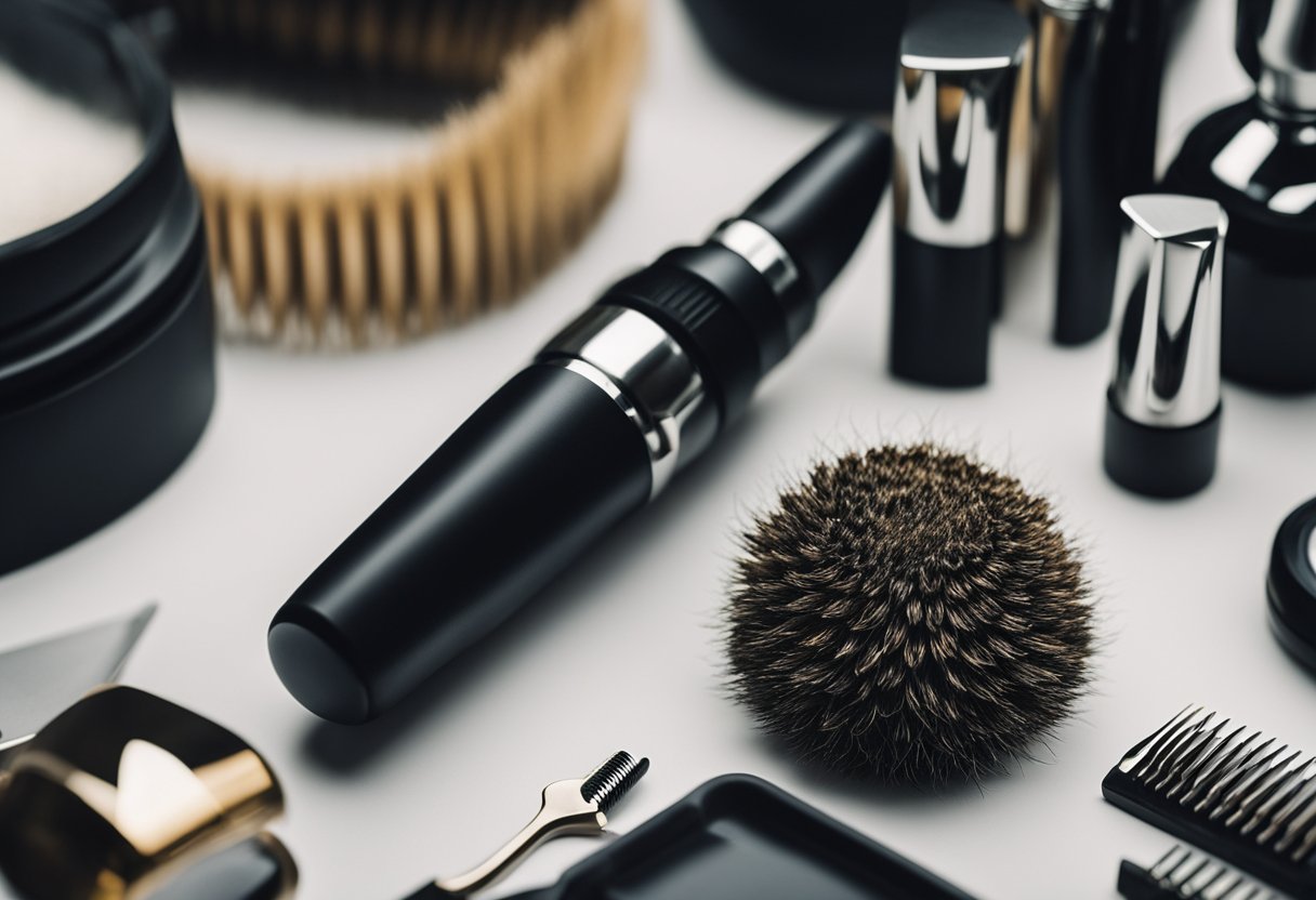 A perfectly trimmed beard with scissors and comb on a clean surface. Various grooming tools and products are neatly arranged nearby