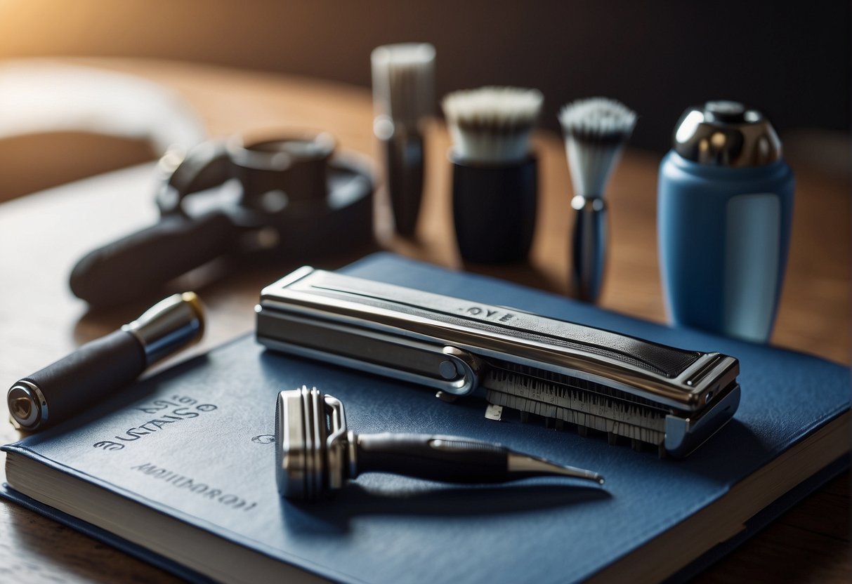 A razor blade next to a guidebook, with various tools and products for shaving. Solutions to common shaving problems are highlighted in the text