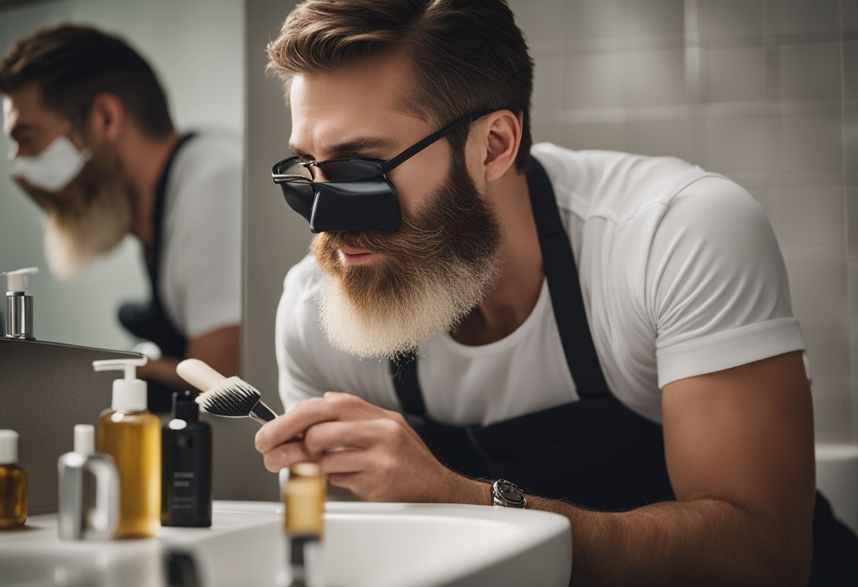 A man's beard being groomed with oil-free products on a clean bathroom counter