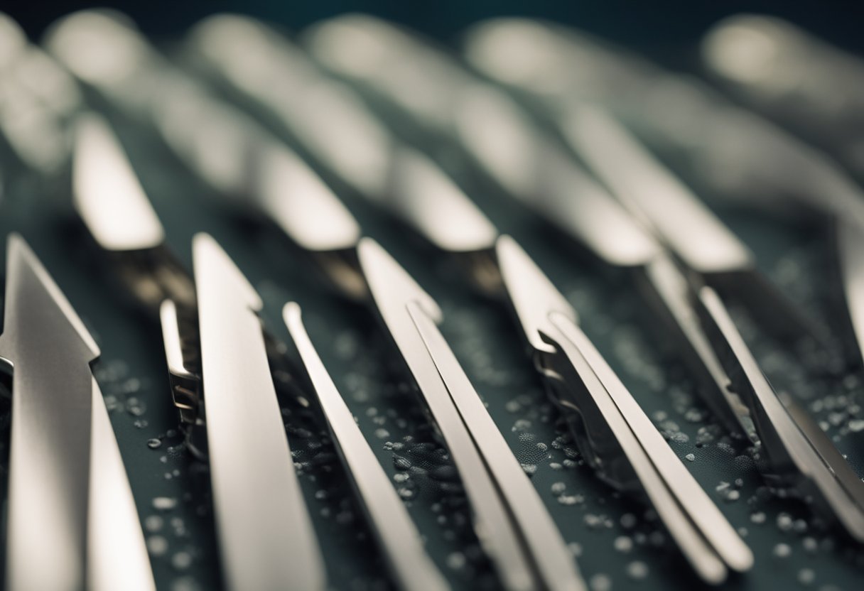 A close-up of razor blades arranged in a row, with a focus on their sharpness and quality. The blades should be depicted in a testing environment to convey the idea of finding the best option for skin