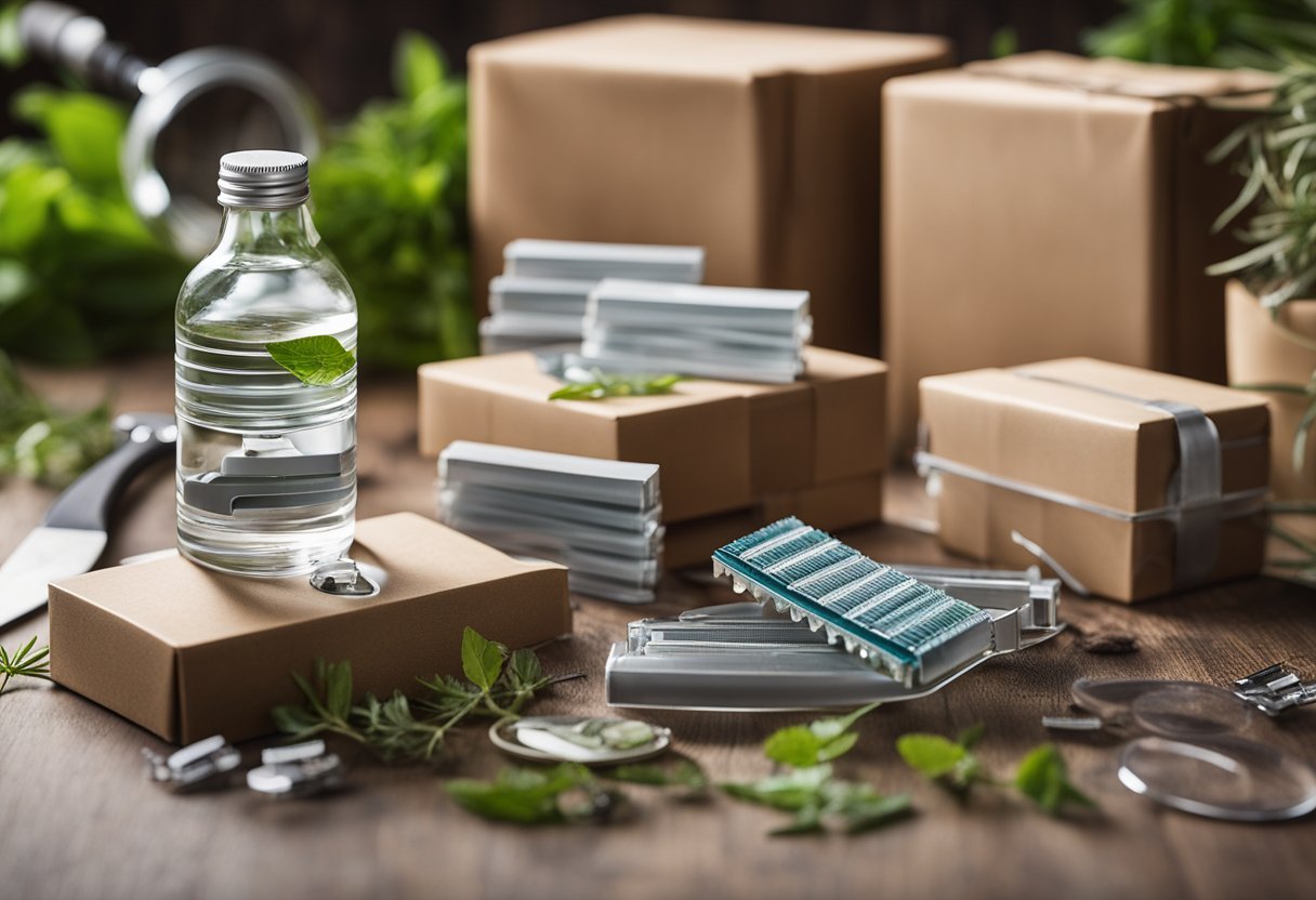 A table with various razor blades, surrounded by eco-friendly packaging and natural elements. A magnifying glass hovers over the blades, emphasizing sharpness