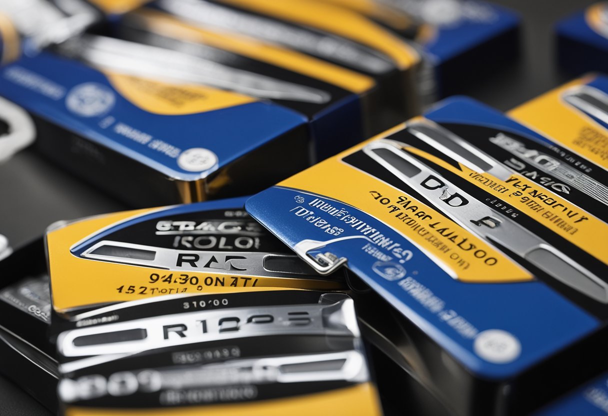 A collection of razor blades laid out for testing, with various packaging and brand logos visible