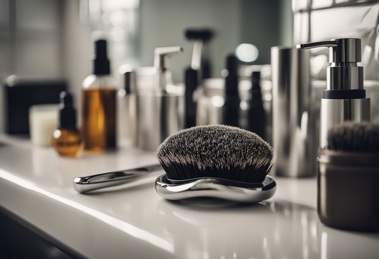 A well-groomed mustache styled with precision tools and products in a modern bathroom setting