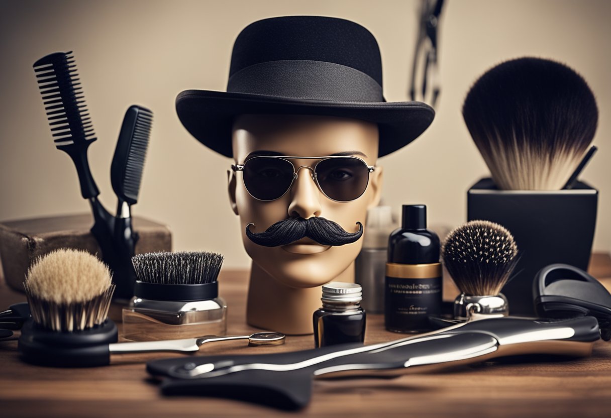 A mannequin head with a stylishly groomed handlebar mustache, surrounded by various grooming tools and products