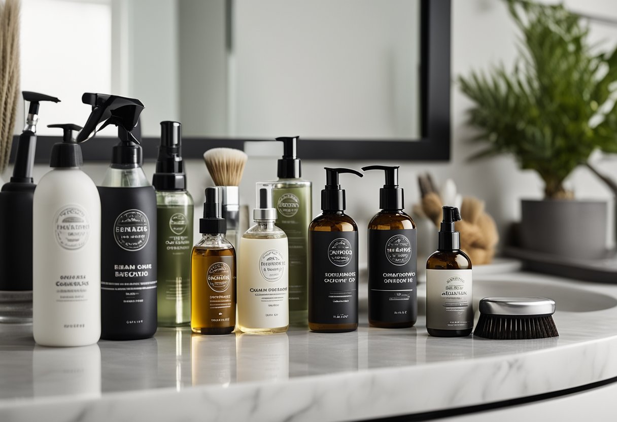 A clean and organized bathroom countertop with various oil-free beard care products neatly arranged, including combs, brushes, and grooming tools