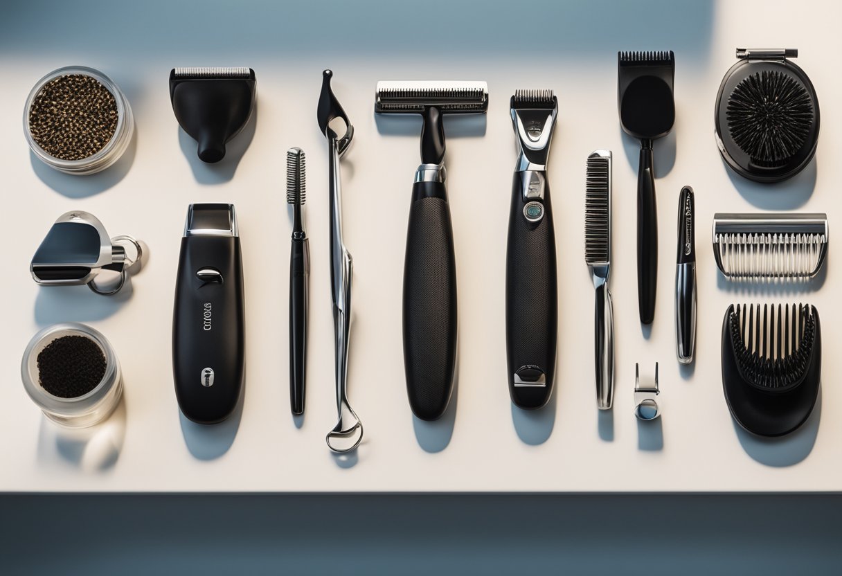 A variety of mustache styles and grooming tools arranged on a clean, well-lit surface. Mirror reflects a confident, stylish man with a perfectly styled mustache