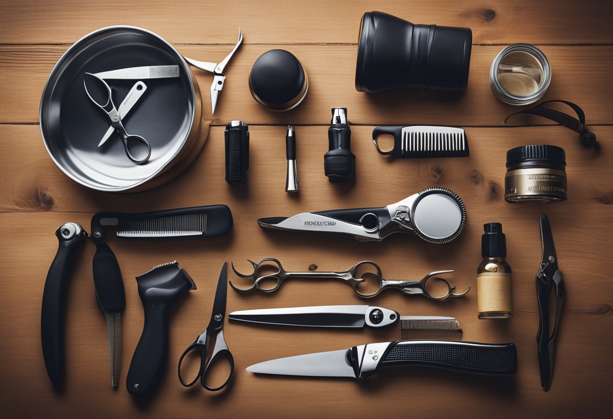 A table with various tools and products for mustache styling, including combs, scissors, wax, and grooming guides