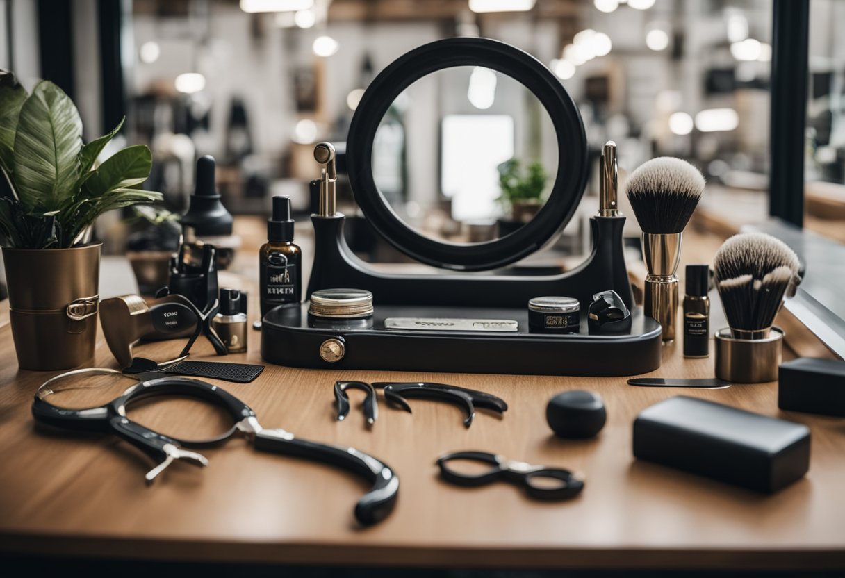 A table displaying various tools and products for mustache styling, with a mirror and trendy mustache styles on display