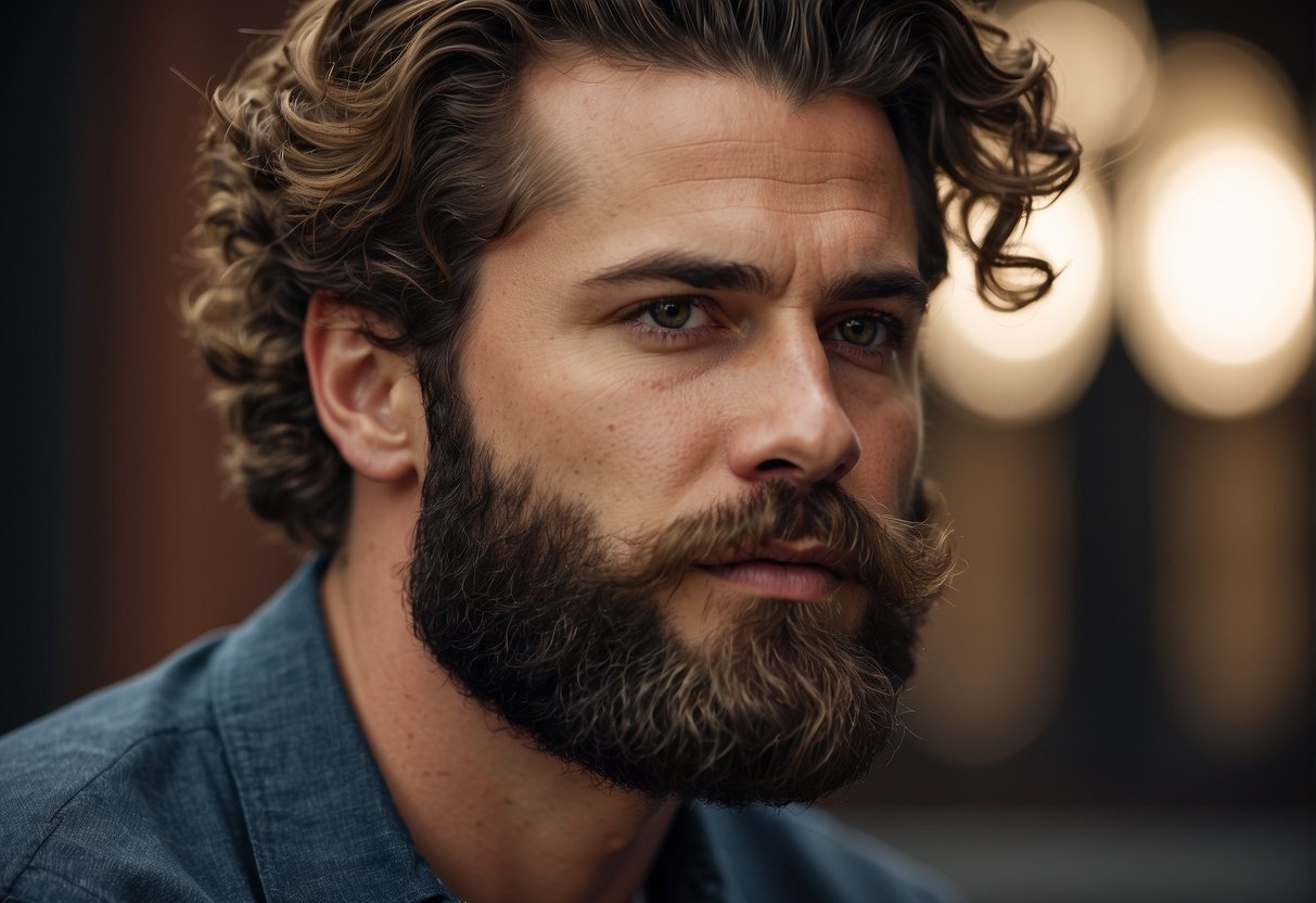 A well-groomed beard with trimmed edges and styled curls, adorned with a touch of beard oil for a healthy sheen