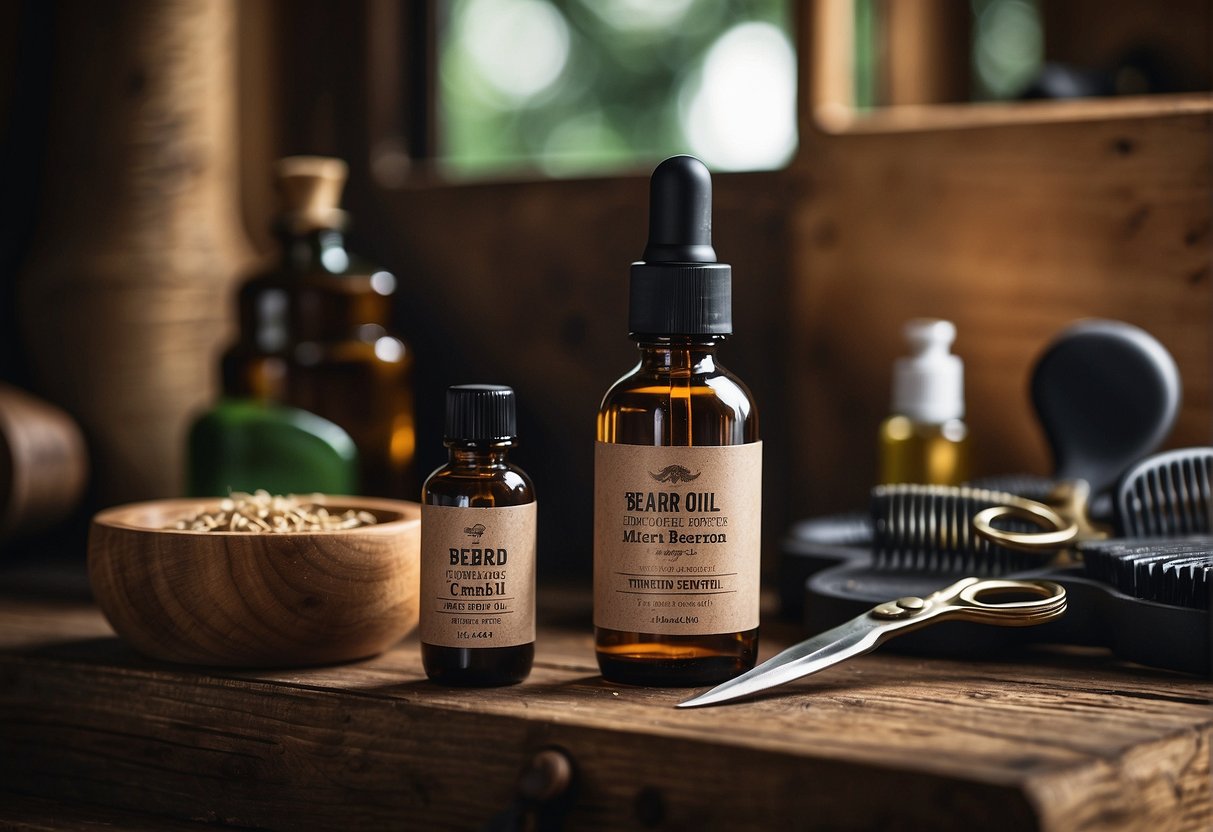 A variety of grooming products displayed with a well-groomed full beard. Labels indicate different hair types and offer tips for maintenance and styling