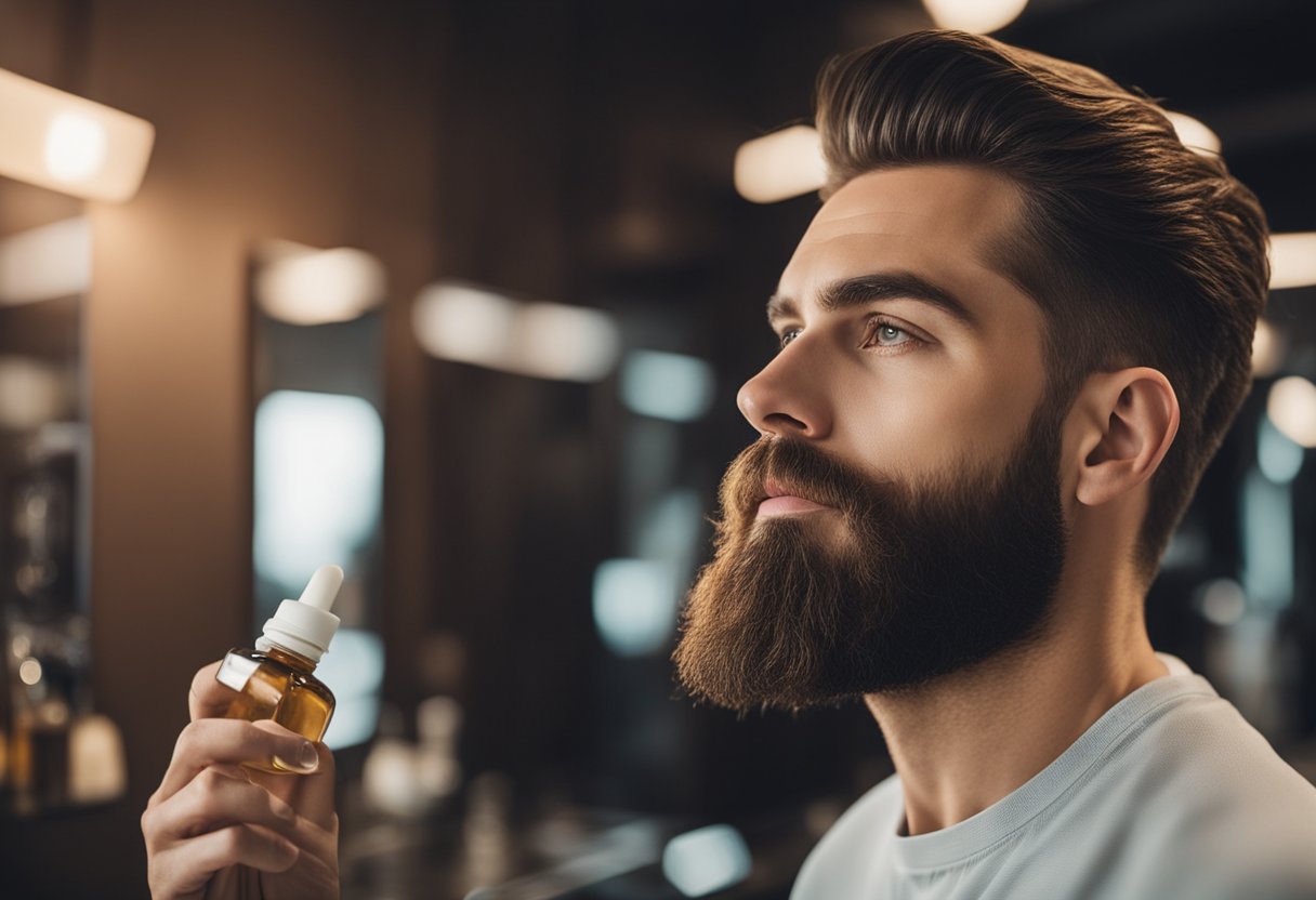 A clean, well-groomed beard with oil-free products and care tips displayed