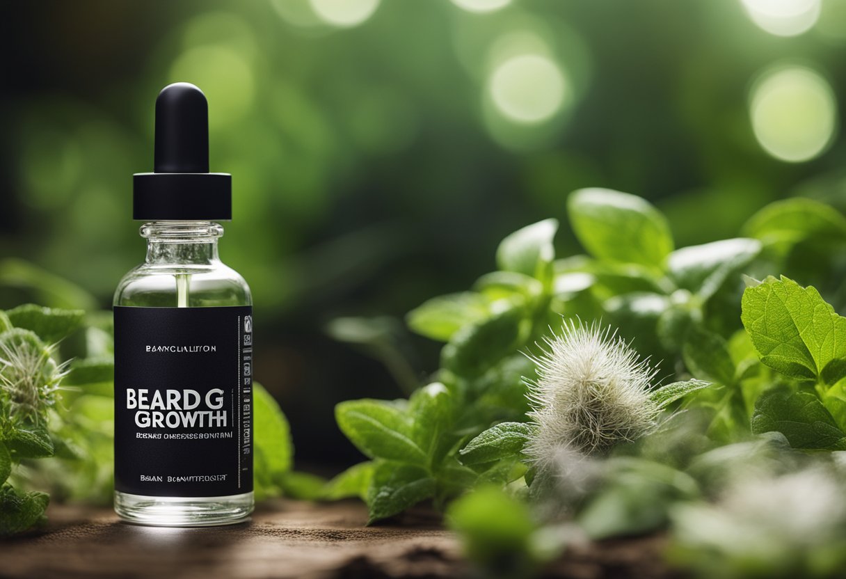 A bottle of beard growth serum surrounded by natural ingredients and a scientific formula, with a bold "Bartwuchs anregen" label