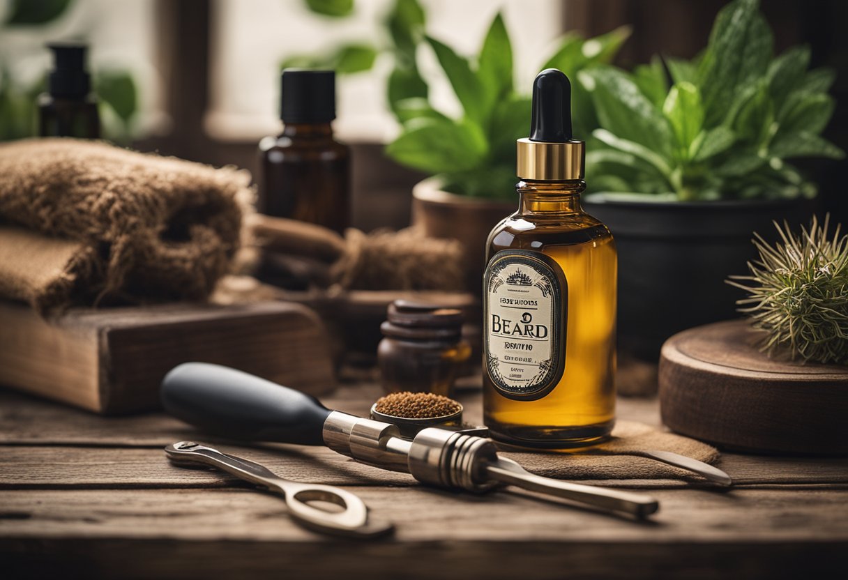 A bottle of beard growth oil sits on a rustic wooden shelf, surrounded by a collection of vintage grooming tools and a lush green plant