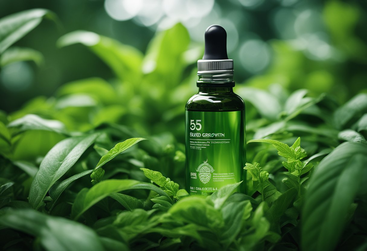 A bottle of beard growth serum surrounded by green, leafy plants and a magnifying glass