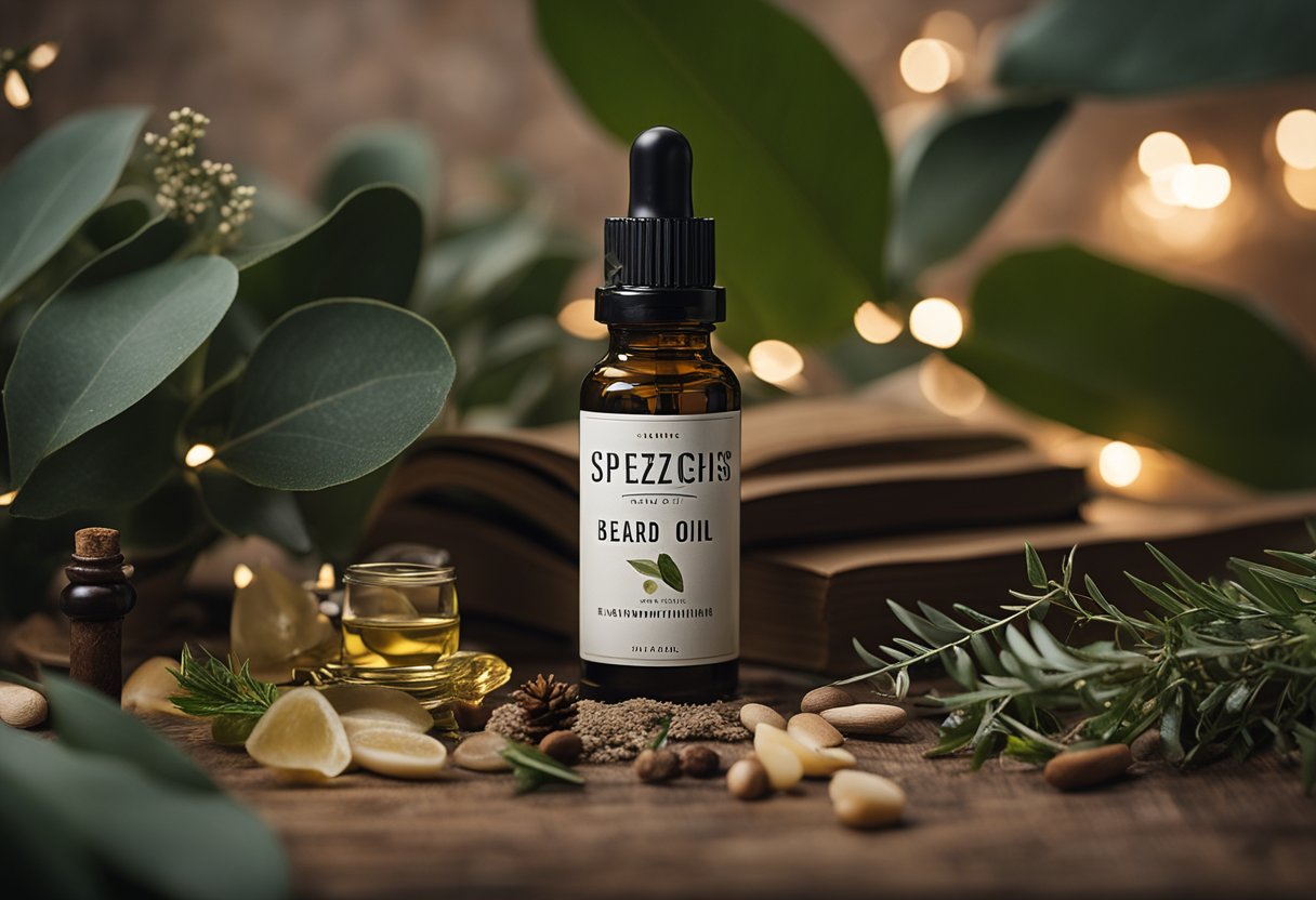 A bottle of beard oil surrounded by various natural ingredients like eucalyptus, peppermint, and jojoba. An open book with "Spezifische Tipps und Tricks Bartwuchs anregen" written on the cover