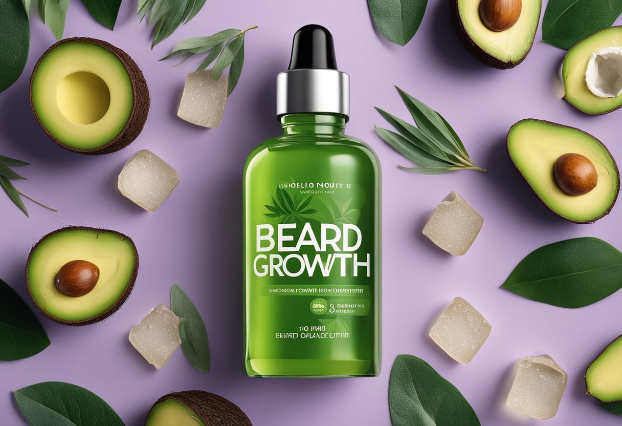 A bottle of beard growth serum surrounded by natural ingredients like avocado, coconut, and eucalyptus. An illustration could show the ingredients arranged around the bottle with a green, leafy backdrop