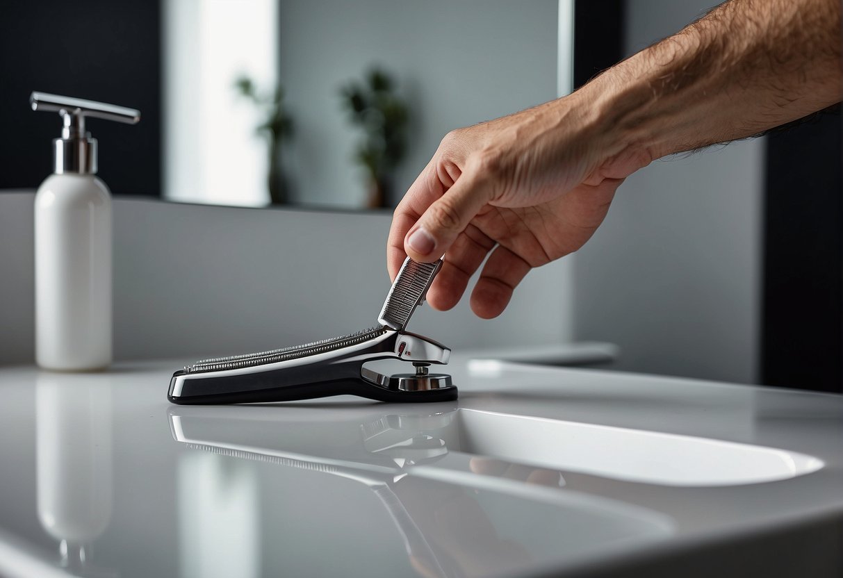 A man's hand reaching for a sleek, modern razor on a clean, white countertop. The razor is surrounded by various grooming products, creating a stylish and sophisticated atmosphere