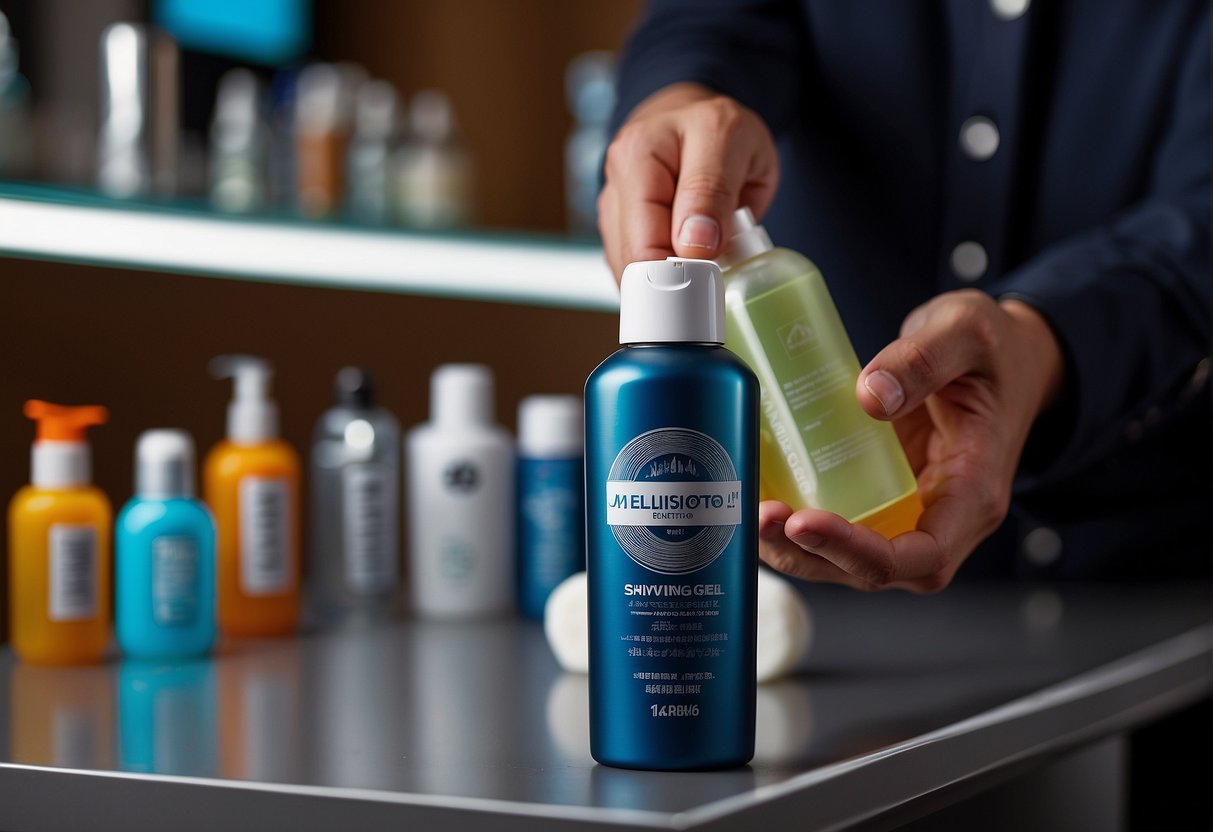 A man's hand holding a tube of shaving gel, with various other brands and products displayed in the background