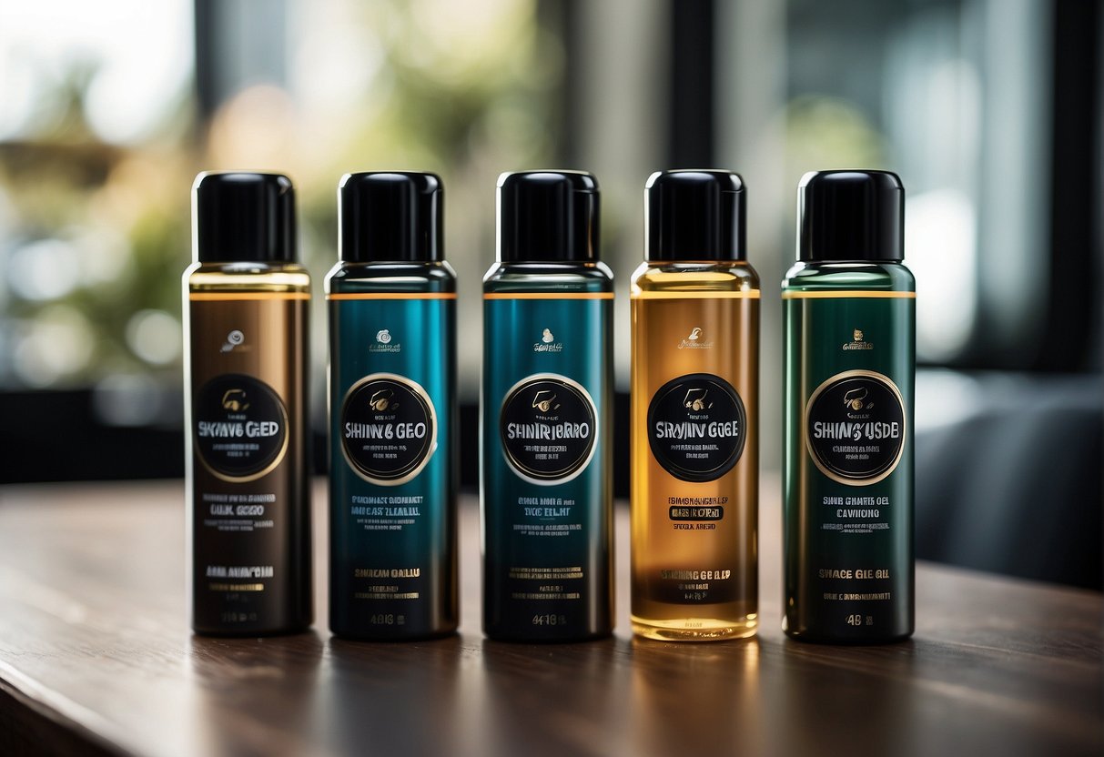 A lineup of popular men's shaving gel brands displayed with prominent logos and sleek packaging