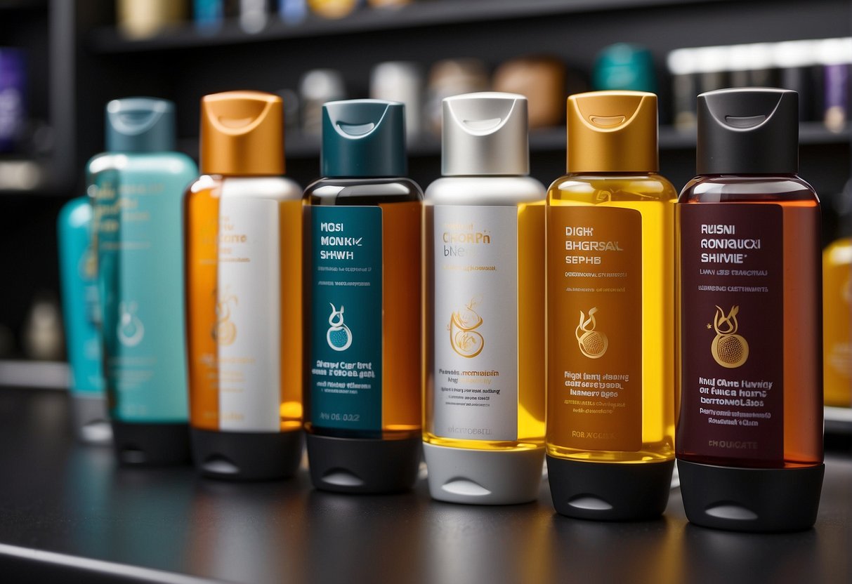 A variety of shaving gels lined up on a shelf, with bold labels and sleek packaging. The products are neatly organized, creating an inviting display for potential customers