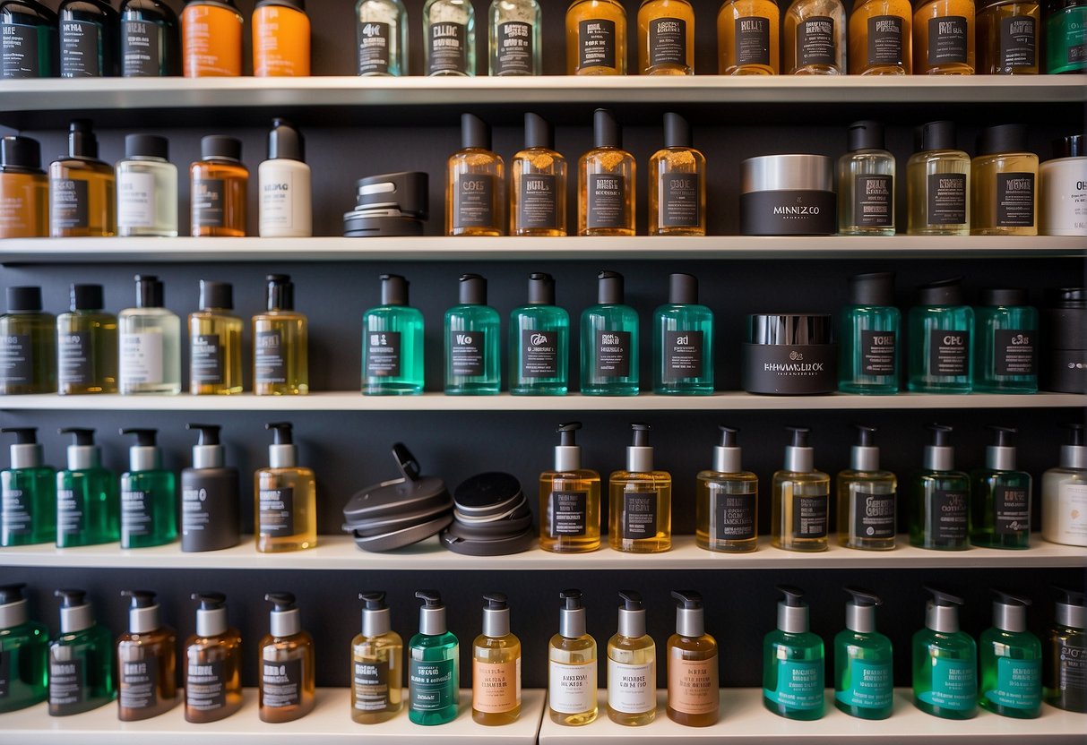 A variety of top shaving gels for men displayed on a clean, modern shelf with clear product labels and sleek packaging