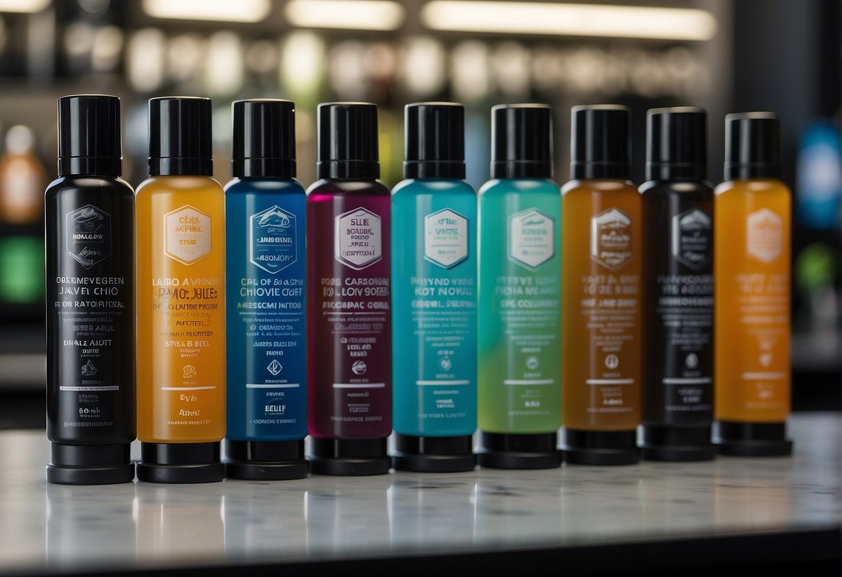 A variety of men's shaving gels lined up on a shelf, with bold labels and sleek packaging