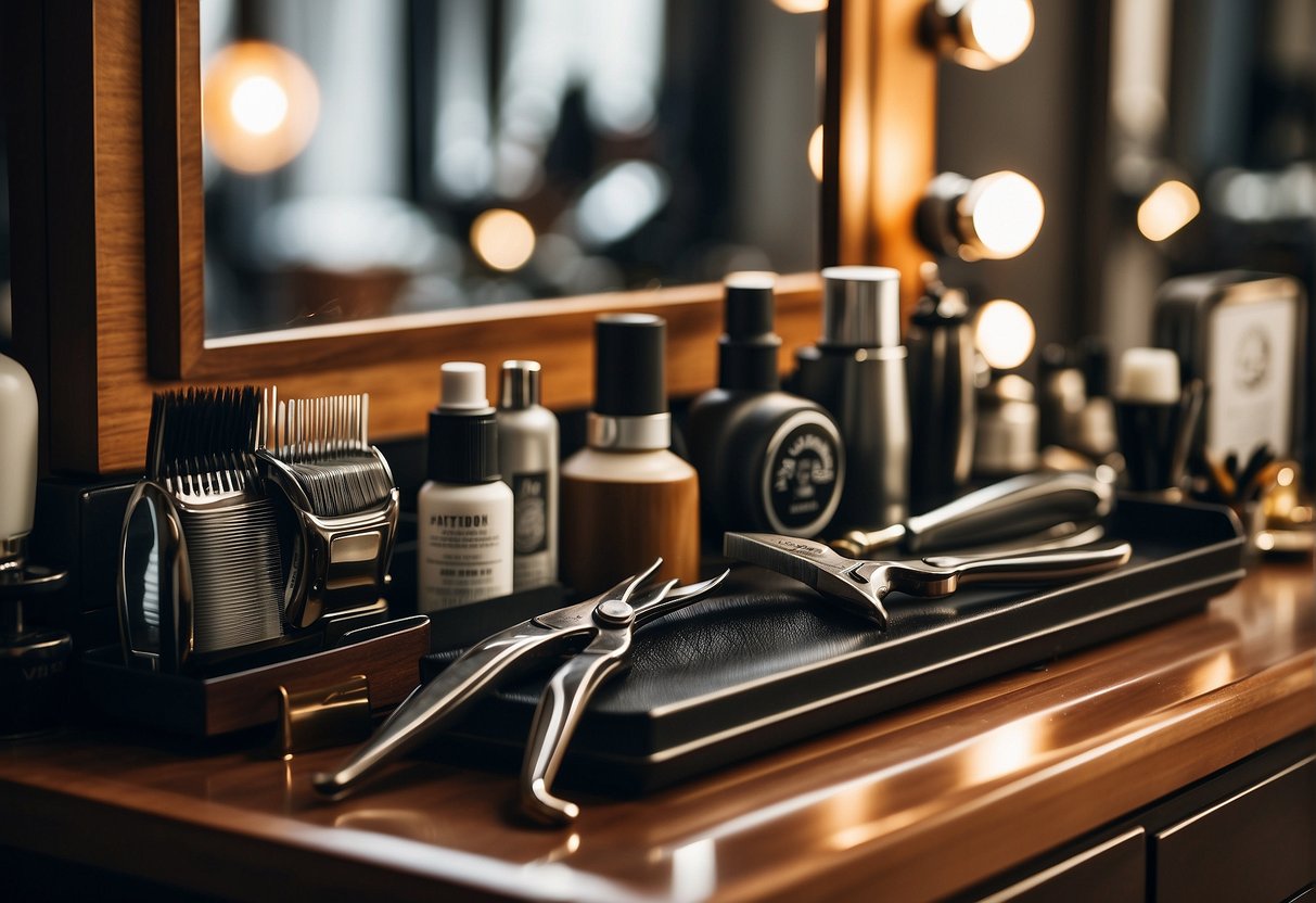 A barber's station with various grooming tools, including scissors, combs, and razors, displayed neatly on the counter. A mirror reflects the stylish and trendy atmosphere of the salon